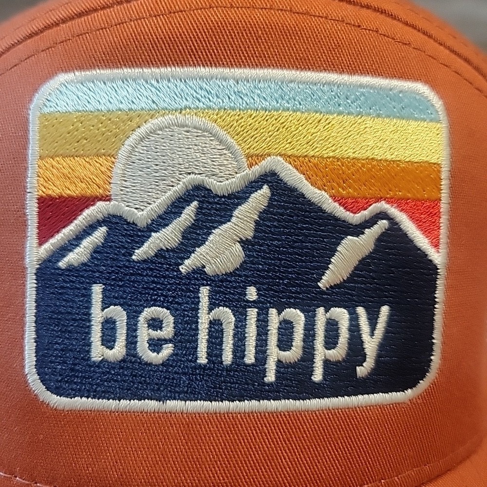 Be Hippy Trucker Dad Cap Rust Mesh Back Snapback Sunrise Mountain Logo